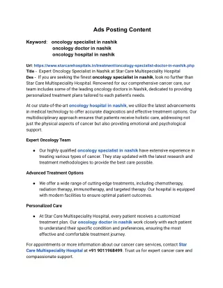 Comprehensive Cancer Care at Star Care Multispeciality Hospital: Leading Oncolog