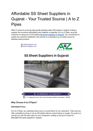 Affordable SS Sheet Suppliers in Gujarat - Your Trusted Source _ A to Z Pipes