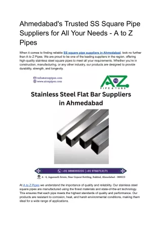 Ahmedabad's Trusted SS Square Pipe Suppliers for All Your Needs - A to Z Pipes