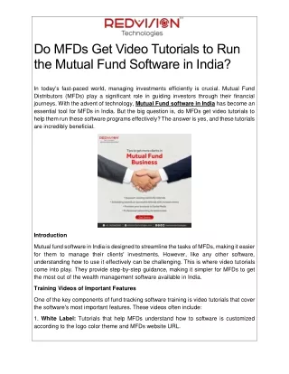 Do MFDs Get Video Tutorials to Run the Mutual Fund Software in India