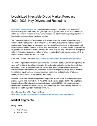 Lyophilized Injectable Drugs Market Forecast 2024-2033: Regional Insights and Ma