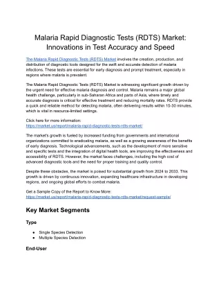 Malaria Rapid Diagnostic Tests (RDTS) Market: Future Prospects and Technological
