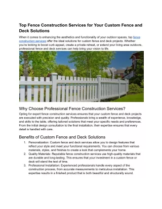 Top Fence Construction Services for Your Custom Fence and Deck Solutions