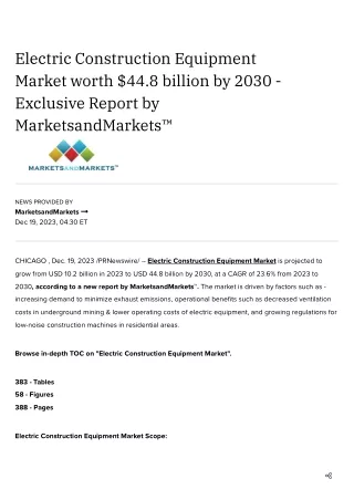 Electric Construction Equipment Market worth $44.8 billion by 2030 - Exclusive Report by MarketsandMarkets™