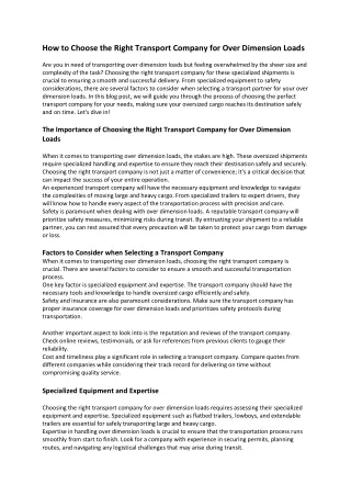 How to Choose the Right Transport Company for Over Dimension Loads