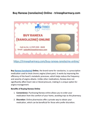 Buy Ranexa (ranolazine) Online - trinexpharmacy.com