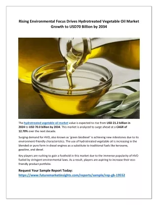 Hydrotreated Vegetable Oil Market Set for USD 70 Billion Growth by 2034