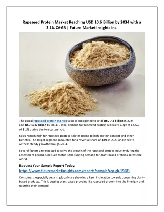 Global Rapeseed Protein Market Set to Grow to USD 10.6 Billion by 2034