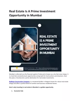 Real Estate Is A Prime Investment Opportunity in Mumbai