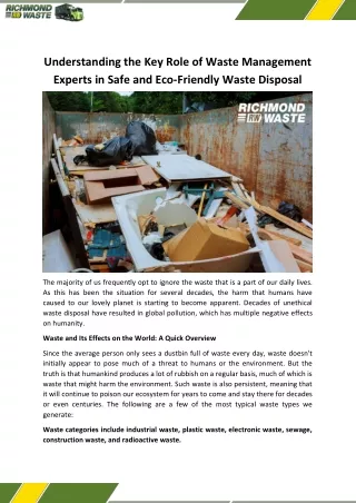 Understanding the Key Role of Waste Management Experts in Safe and Eco-Friendly Waste Disposal