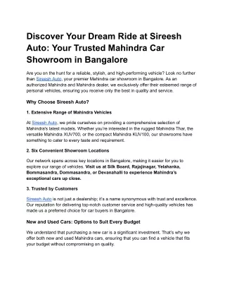 Discover Your Dream Ride at Sireesh Auto_ Your Trusted Mahindra Car Showroom in Bangalore