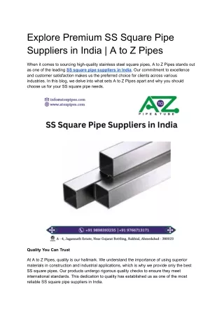 Explore Premium SS Square Pipe Suppliers in India _ A to Z Pipes