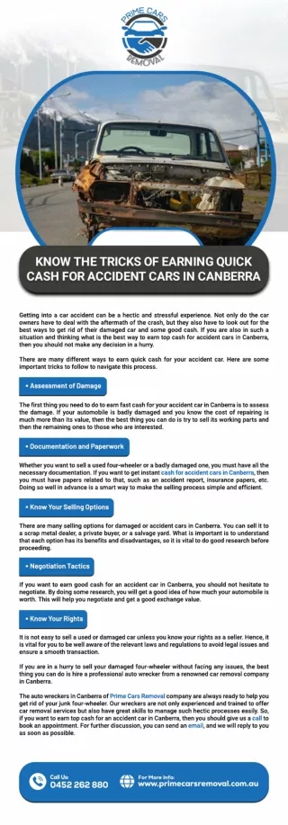 KNOW THE TRICKS OF EARNING QUICK CASH FOR ACCIDENT CARS IN CANBERRA