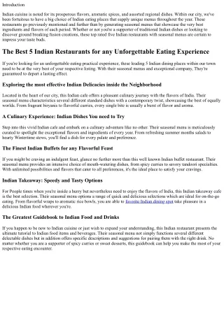 The best five Indian Dining establishments with Seasonal Menus inside our City