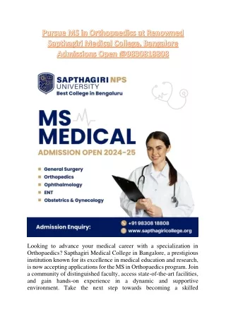 MS in Orthopaedics at Renowned Sapthagiri Medical College Bangalore Admissions Open