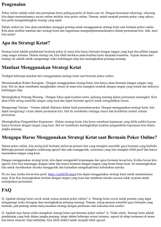 Mengapa Harus Menggunakan Strategi Ketat saat Bermain Poker Online?