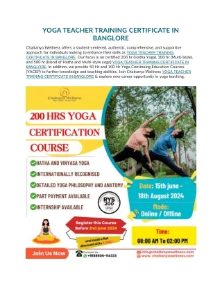 YOGA TEACHER TRAINING CERTIFICATE IN BANGLORE