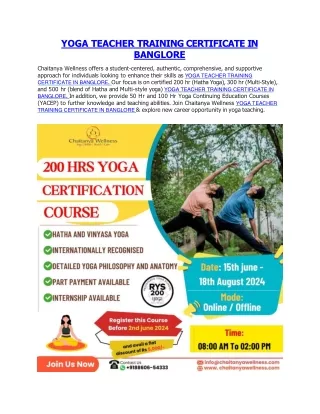 YOGA TEACHER TRAINING CERTIFICATE IN BANGLORE