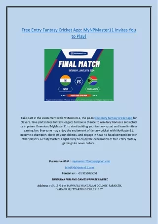 Cricket App Download: MyMaster11 Fantasy Cricket Experience