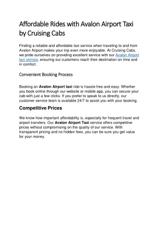 Affordable Rides with Avalon Airport Taxi by Cruising Cabs