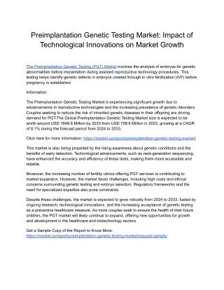 Preimplantation Genetic Testing Market: Technological Advancements and Product I