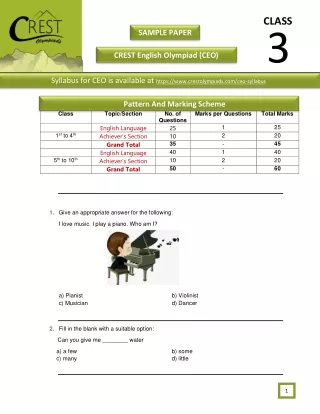 Crest English Olympiad (CEO) Class 3 Sample Paper