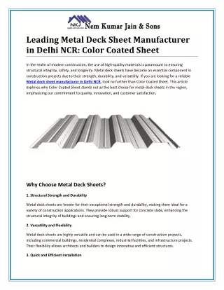 Premier Metal Deck Sheet Manufacturer in Delhi NCR