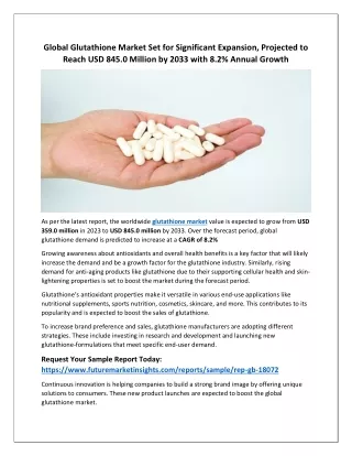Global Glutathione Market: Projected Expansion Towards USD 845.0 Million by 2033