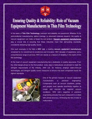 Ensuring Quality & Reliability - Role of Vacuum Equipment Manufacturers in Thin Film Technology