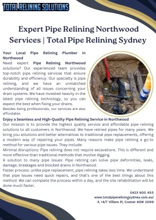 Expert Pipe Relining Northwood Services  Total Pipe Relining Sydney