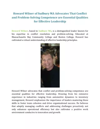 Howard Wilner of Sudbury MA - Conflict and Problem-Solving Competence are Essential Qualities for Effective Leadership