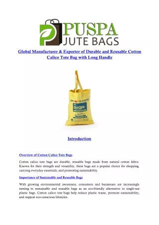 Global Manufacturer & Exporter of Durable and Reusable Cotton Calico Tote Bag