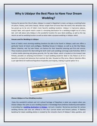 Why Is Udaipur the Best Place to Have Your Dream Wedding