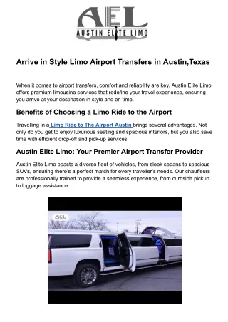 Arrive in Style Limo Airport Transfers in Austin Texas