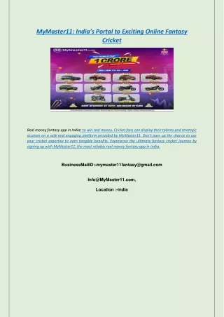 MyMaster11: India's Portal to Exciting Online Fantasy Cricket
