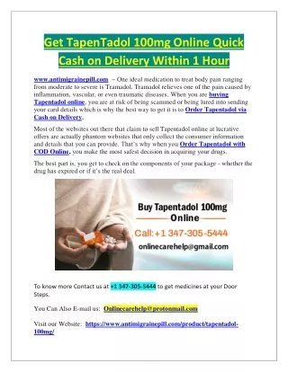 Get TapenTadol 100mg Online Quick Cash on Delivery Within 1 Hour