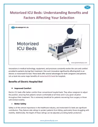 Motorized ICU Beds - Understanding Benefits and Factors Affecting Your Selection