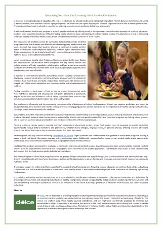 Enhancing Nutrition And Learning - Food Service For Schools