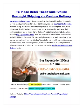 To Place Order TapenTadol Online Overnight Shipping via Cash on Delivery