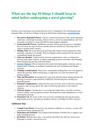 What are the top 10 things I should keep in mind before undergoing a navel piercing
