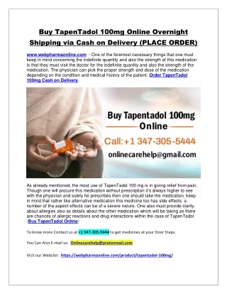 Buy TapenTadol 100mg Online Overnight Shipping via Cash on Delivery (PLACE ORDER)