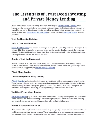 The Essentials of Trust Deed Investing and Private Money Lending