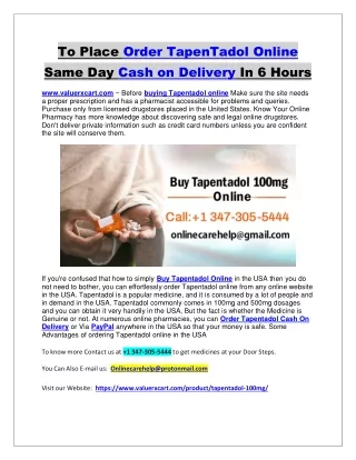 To Place Order TapenTadol Online Same Day Cash on Delivery In 6 Hours