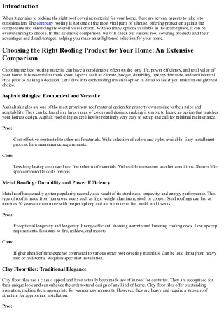 Selecting the Right Roof Covering Material for Your Home: A Thorough Comparison