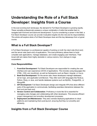 Understanding the Role of a Full Stack Developer- Insights from a Course