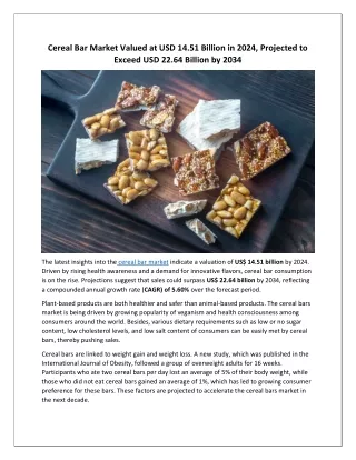 Cereal Bar Sales to Reach USD 22.64 Billion by 2034