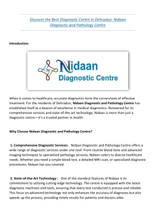 Discover the Best Diagnostic Centre in Dehradun: Nidaan Diagnostic and Pathology