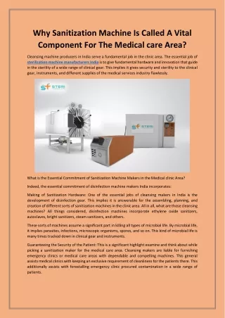 Why Sanitization Machine Is Called A Vital Component For The Medical care Area?