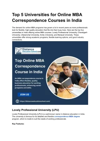 Top 5 Universities for Online MBA Correspondence Courses in India