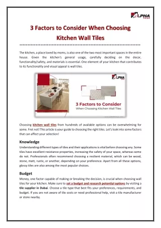 3 Factors to Consider When Choosing Kitchen Wall Tiles